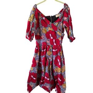 Grass-Fields African Wax Print Dress Women 16 Red & Yellow Floral Wrap Midi